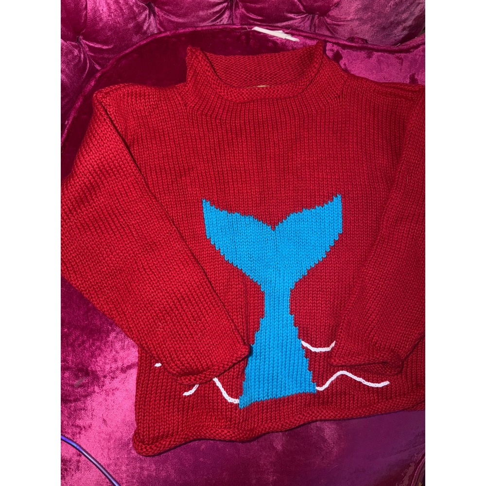 Claver Vintage Kids Red Chunky Knit Whale Tail Sweater Mock Neck Size 6